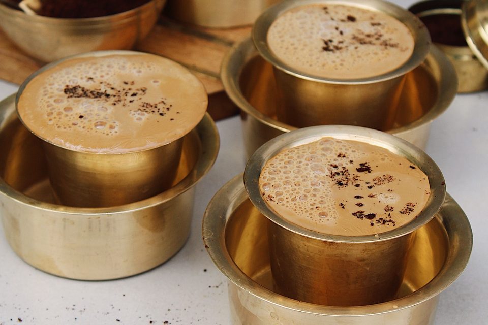 Madras filter coffee in a steel tumbler